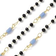 Brass Link Chains, with Glass Beads, Ion Plating(IP), Soldered, Real 18K Gold Plated, with Spool, Cornflower Blue, 13.5x3mm, 10m/roll.(CHC-C009-01G-07)