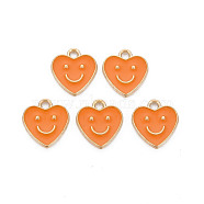 Alloy Enamel Charms, Cadmium Free & Lead Free, Light Gold, Heart with Smile, Orange, 13x12x1.5mm, Hole: 1.6mm(ENAM-T016-12I-RS)