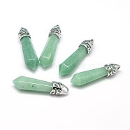 Bullet Platinum Plated Alloy Natural Green Aventurine Pointed Pendants, Cadmium Free & Lead Free, 33~40x8~9mm, Hole: 3x4mm(G-F228-06G-RS)