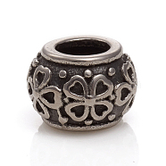 304 Stainless Steel European Beads, Large Hole Beads, Rondelle with Clover, Antique Silver, 10.5x7.5mm, Hole: 5mm(STAS-G228-20AS)