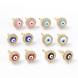 Enamel Evil Eye Stud Earrings with Clear Cubic Zirconia, Gold Plated Brass Jewelry for Women, Cadmium Free & Lead Free, Mixed Color, 9mm, Pin: 0.8mm(KK-E033-02G)