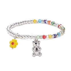 Bear and Flower Charm Bracelet for Women, Colorful, Inner Diameter: 2-1/4 inch(5.7cm)(BJEW-TA00051)