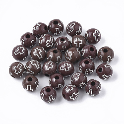 Plating Acrylic Beads, Silver Metal Enlaced, Round with Cross, Saddle Brown, 8mm, Hole: 2mm(X-PACR-Q113-10A)