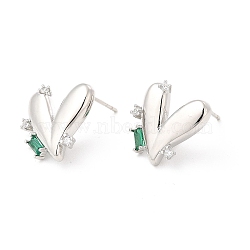 Green Cubic Zirconia Heart Stud Earrings, Brass Jewelry for Women, Cadmium Free & Lead Free, Platinum, 15.5x15.5mm, Pin: 0.9mm(EJEW-P213-13P)