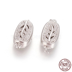 Anti-Tarnish Rhodium Plated 925 Sterling Silver Box Clasps, with Cubic Zirconia, with 925 Stamp, Oval with Leaf, Platinum, Clear, 18x8x7mm, Hole: 1mm(STER-L059-05P)