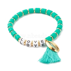 Word Love Beads Stretch Bracelet for Girl Women, Cowrie Shell Shape & Tassel Charm Bracelet, Golden, Aquamarine, Inner Diameter: 2-1/8 inch(5.5cm)(BJEW-JB07208-03)