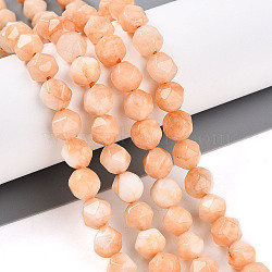 Dyed Natural White Jade Beads Strands, Faceted, Star Cut Round Beads, PeachPuff, 7~8x6~7.5x6~7.5mm, Hole: 1mm, about 48~49pcs/strand, 14.17~15.35''(36~39cm)(G-T139-8mm-46T)