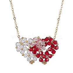 Double Interlocking Heart Glass Pendant Necklaces, with Golden Brass Cable Chains, Red, 15.94 inch(40.5cm)(NJEW-TA00132)
