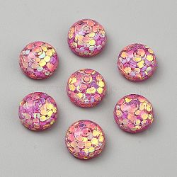 Transparent Resin Cabochons, Half Round, with Paillette, Faceted, Pale Violet Red, 16x9.5mm(RESI-WH0038-47A)