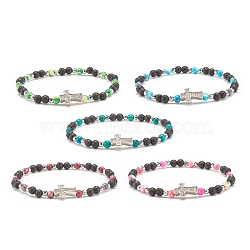 Natural & Synthetic Mixed Gemstone Beaded Stretch Bracelet with Clear Cubic Zirconia Cross for Women, Mixed Color, Inner Diameter: 2-1/4 inch(5.6cm)(BJEW-JB08247)