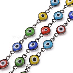 Handmade Evil Eye Lampwork Link Chains, Soldered, with Brass Findings, with Spool, Long-Lasting Plated, Flat Round, Gunmetal, Mixed Color, 13x7x2.5mm, Hole: 1.5mm, about 32.8 Feet(10m)/roll(CHC-F009-01B-B)