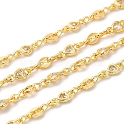 Rack Plating Brass Coffee Bean & Heart Link Chain, with Cubic Zirconia, Unwelded, Long-Lasting Plated, Lead Free & Cadmium Free, Real 18K Gold Plated, 5x3.5x1mm, 8.5x4x1.5mm(CHC-H105-09G)