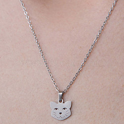 201 Stainless Steel Cat Pendant Necklace, Stainless Steel Color, 17.72 inch(45cm)(NJEW-OY001-23)