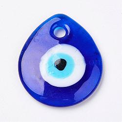 Handmade Lampwork Evil Eye Pendants, Flat Teardrop, Blue, 34x30x5mm, Hole: 4mm(LAMP-E106-01)