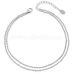 Rhodium Plated 925 Sterling Silver Multi-strand Ball Chain Anklet with Tiny Oval Charm, Women's Jewelry for Summer Beach, Platinum, 8-1/8 inch(20.5cm)(JA190A)