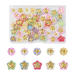 60Pcs 10 Style Transparent Spray Painted Glass Beads, with Glitter Powder and Golden Plated Brass Findings, Star & Flower with Bee, Mixed Color, 12~14x12~14.5x5~5.5mm, Hole: 1mm, 6Pcs/style(LAMP-CW0001-04)