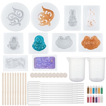 Buddhaist DIY Pendant Silicone Molds Kits, with Birch Wooden Craft Ice Cream Stick and Plastic Transfer Pipettes, Latex Finger Cots, Plastic Measuring Cup, Glass Pendant Bottle Decoration, White, 45x41x10mm, Hole: 1.5mm,  Inner Diameter: 31x29mm, 2pcs