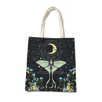Flower & Butterfly & Moon Printed Canvas Women's Tote Bags, with Handle, Shoulder Bags for Shopping, Rectangle, Light Green, 60cm