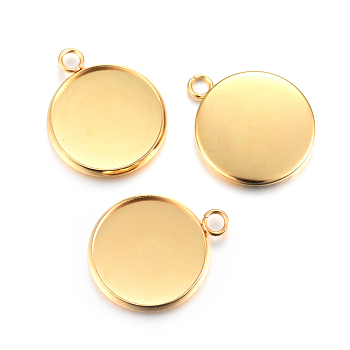Rack Plating 304 Stainless Steel Pendant Cabochon Settings, Plain Edge Bezel Cups, Flat Round, Real 24K Gold Plated, 21.5x18x2mm, Hole: 2.2mm