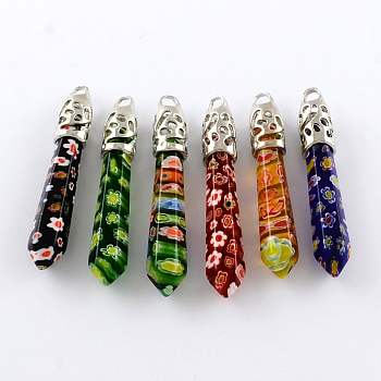 Millefiori Glass Big Pendants with Alloy Findings, Mixed Color, 60~70x11x11mm, Hole: 4mm