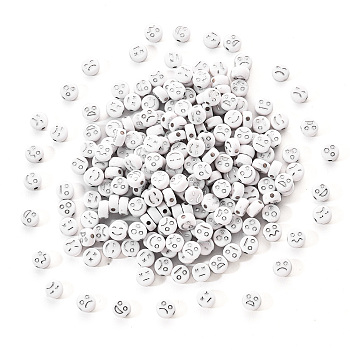 Opaque White Acrylic Beads, Metal Enlaced, Flat Round with Expression, Silver Plated, 7x4mm, Hole: 1.6mm, 200pcs/set