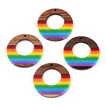 Opaque Resin & Walnut Hollow Pendants, Rainbow Color Charms, Colorful, Flat Round, 38x3.5mm, Hole: 2mm