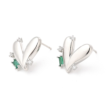 Green Cubic Zirconia Heart Stud Earrings, Brass Jewelry for Women, Cadmium Free & Lead Free, Platinum, 15.5x15.5mm, Pin: 0.9mm