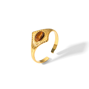 Natural Tiger Eye Cuff Rings for Women, Real 18K Gold Plated