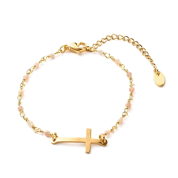 Cross Link Bracelet, Natural Sunstone Beads Bracelet for Girl Women, Golden, 7-1/4 inch(18.5cm)