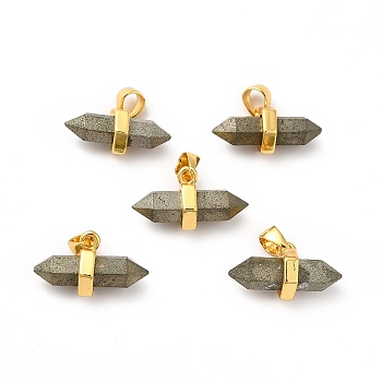 Natural Pyrite Double Terminal Pointed Pendants, Faceted Bullet Charm, with Ion Plating(IP) Golden Plated Brass Findings, 9x15~17x7.5mm, Hole: 3.5x2.5mm