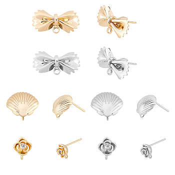 PandaHall Elite 12Pcs 6 Style Brass Stud Earring Findings, with Loop, Flower & Shell & Bamboo & Leaf, Nickel Free, Platinum & Golden, 6.5~25x3~11.5mm, hole: 0.5~1.5mm, Pin: 0.7~1mm, 2pcs/style