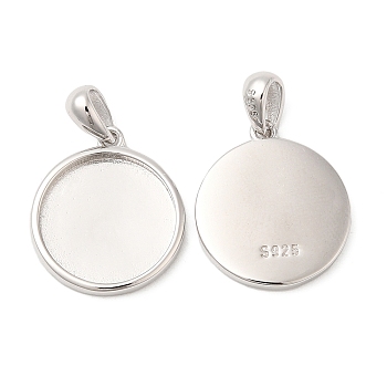 Anti-Tarnish Rhodium Plated 925 Sterling Silver Pendant Cabochon Settings, with 925 Stamp, Flat Round, Platinum, Tray: 13mm, 17x15x2mm, Hole: 5x3.5mm