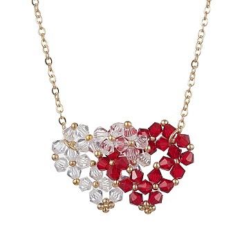 Double Interlocking Heart Glass Pendant Necklaces, with Golden Brass Cable Chains, Red, 15.94 inch(40.5cm)