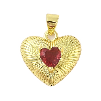 Rack Plating Brass Micro Pave Cubic Zirconia Pendants, Cadmium Free & Lead Free, Long-Lasting Plated, Heart, Real 18K Gold Plated, Red, 18x16x6mm, Hole: 4x3mm