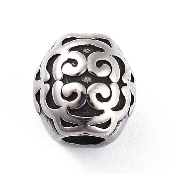 304 Stainless Steel European Beads, Large Hole Beads, Barrel with Floral Pattern, Antique Silver, 10.5x10.5mm, Hole: 4mm