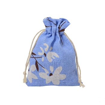 Cotton Cloth Packing Pouches, Drawstring Bags with Flower Pattern, Cornflower Blue, 14x10cm