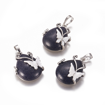Synthetic Blue Goldstone Pendants, with Enamel and Brass Findings, teardrop, with Butterfly, Platinum, 30x23.5x12mm, Hole: 10x6mm