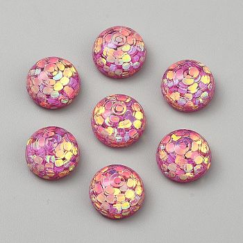 Transparent Resin Cabochons, Half Round, with Paillette, Faceted, Pale Violet Red, 16x9.5mm