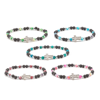 Natural & Synthetic Mixed Gemstone Beaded Stretch Bracelet with Clear Cubic Zirconia Cross for Women, Mixed Color, Inner Diameter: 2-1/4 inch(5.6cm)