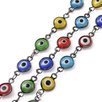 Handmade Evil Eye Lampwork Link Chains, Soldered, with Brass Findings, with Spool, Long-Lasting Plated, Flat Round, Gunmetal, Mixed Color, 13x7x2.5mm, Hole: 1.5mm, about 32.8 Feet(10m)/roll