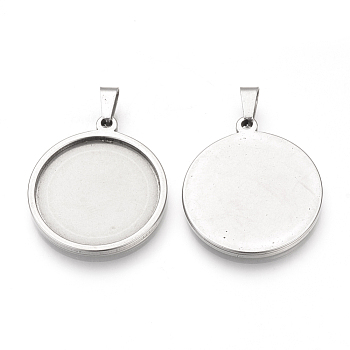 201 Stainless Steel Pendant Cabochon Settings, Flat Round, Stainless Steel Color, Tray: 25mm, 32x28x2mm, Hole: 8x4mm
