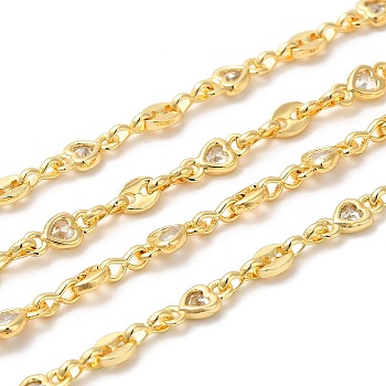 Rack Plating Brass Coffee Bean & Heart Link Chain, with Cubic Zirconia, Unwelded, Long-Lasting Plated, Lead Free & Cadmium Free, Real 18K Gold Plated, 5x3.5x1mm, 8.5x4x1.5mm