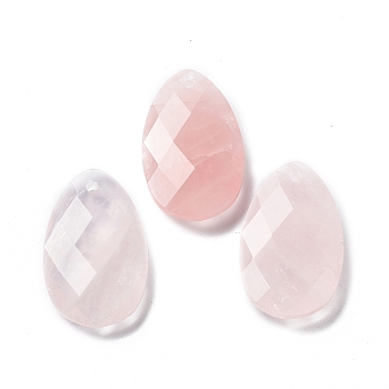 Natural Rose Quartz Pendants, Faceted Teardrop Charms, 30x18x6mm, Hole: 1.5mm