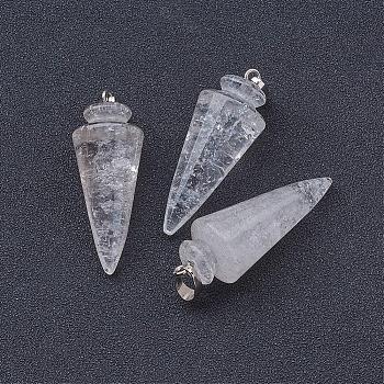 Natural Quartz Crystal Pendants, Rock Crystal Pendants, with Platinum Tone Brass Findings, Cone/Spike/Pendulum, 43~45x16mm, Hole: 5x7mm
