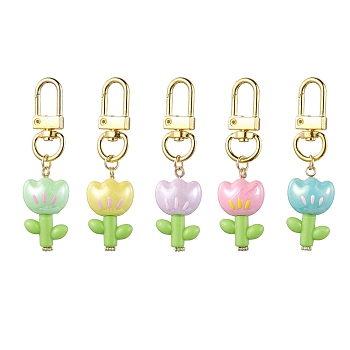Flower Acrylic Pendant Decorations, Alloy Swivel Clasps Charm for Bag Key Chain Ornaments, Mixed Color, 55x17.5x12mm