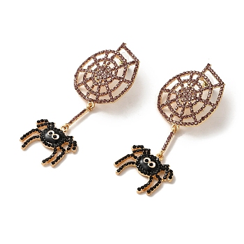 Halloween Alloy Studs Earrings, with Rhinstone, Enamel, Spider, Golden, 76.5x32.5mm