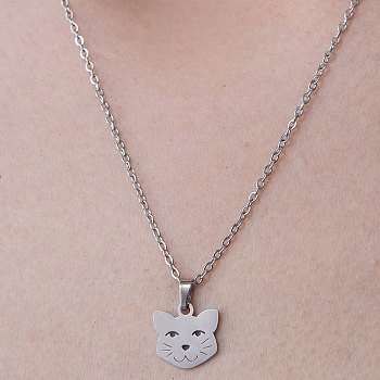 201 Stainless Steel Cat Pendant Necklace, Stainless Steel Color, 17.72 inch(45cm)