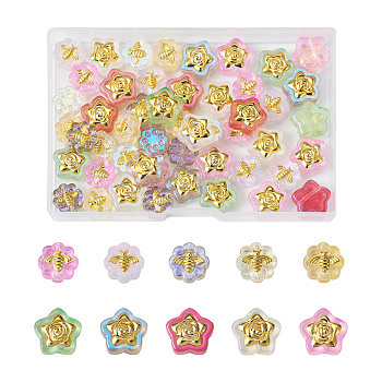 60Pcs 10 Style Transparent Spray Painted Glass Beads, with Glitter Powder and Golden Plated Brass Findings, Star & Flower with Bee, Mixed Color, 12~14x12~14.5x5~5.5mm, Hole: 1mm, 6Pcs/style