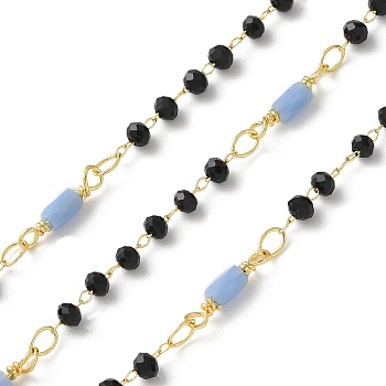 Brass Link Chains, with Glass Beads, Ion Plating(IP), Soldered, Real 18K Gold Plated, with Spool, Cornflower Blue, 13.5x3mm, 10m/roll.