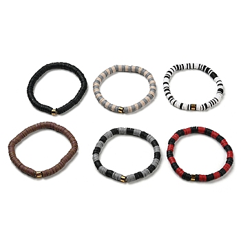 Handmade Polymer Clay Heishi Beads Stretch Bracelets Sets, with Golden Plated Stainless Steel Spacer Beads, Black, Inner Diameter: 2 inch(5.2cm), 6pcs/set